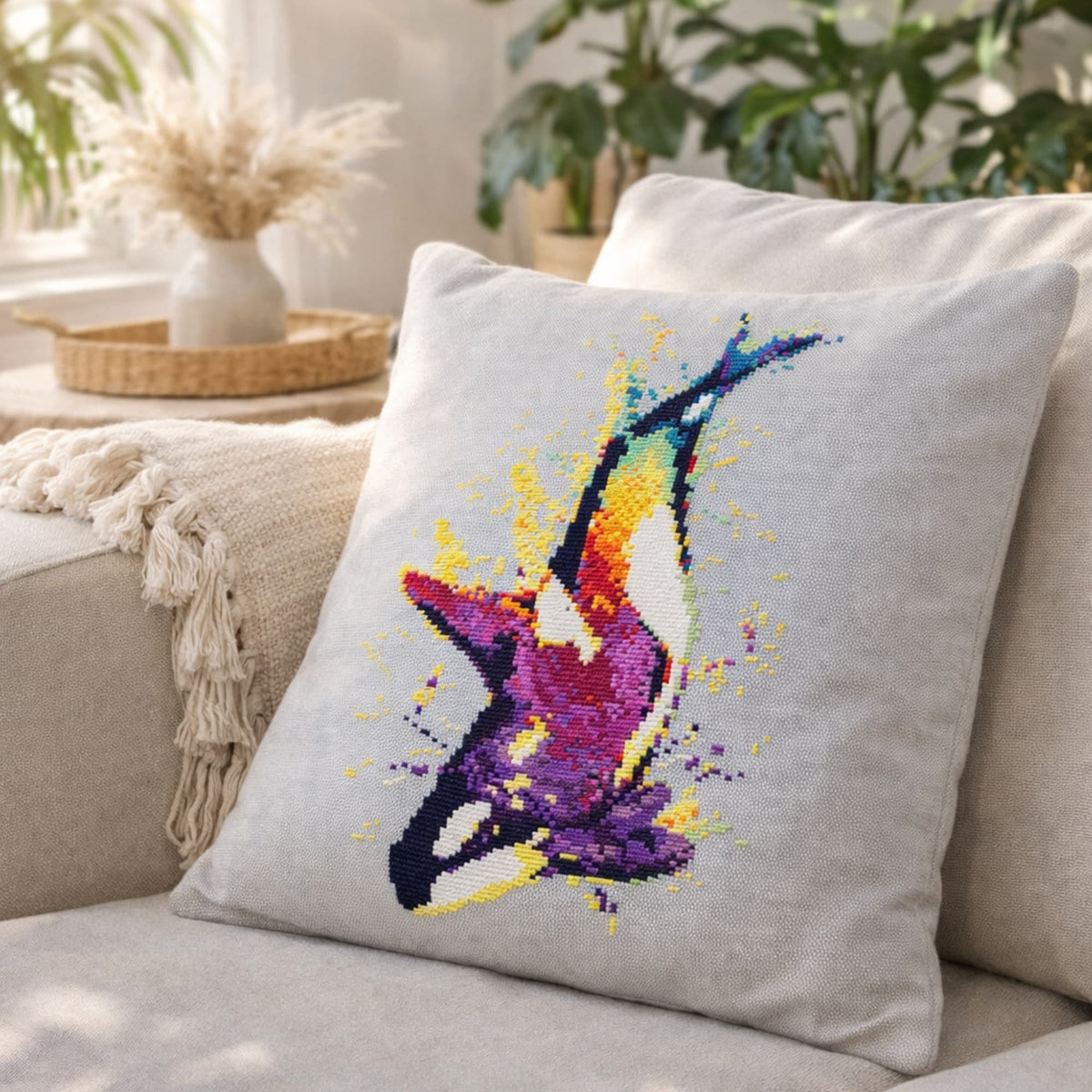 Orca Whale Counted Cross Stitch Kit displayed on decorative pillow, colorful whale embroidery kit, modern ocean animal needlework set.