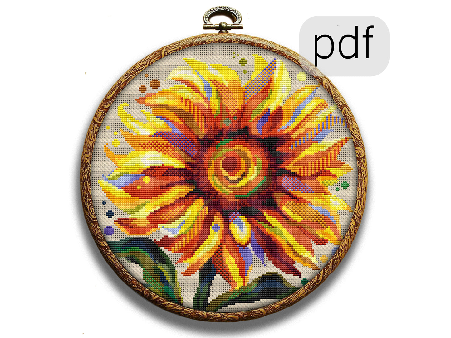 A cross-stitch pattern of a sunflower with vibrant petals in various colors, finished with a green border and a PDF label at the top.
