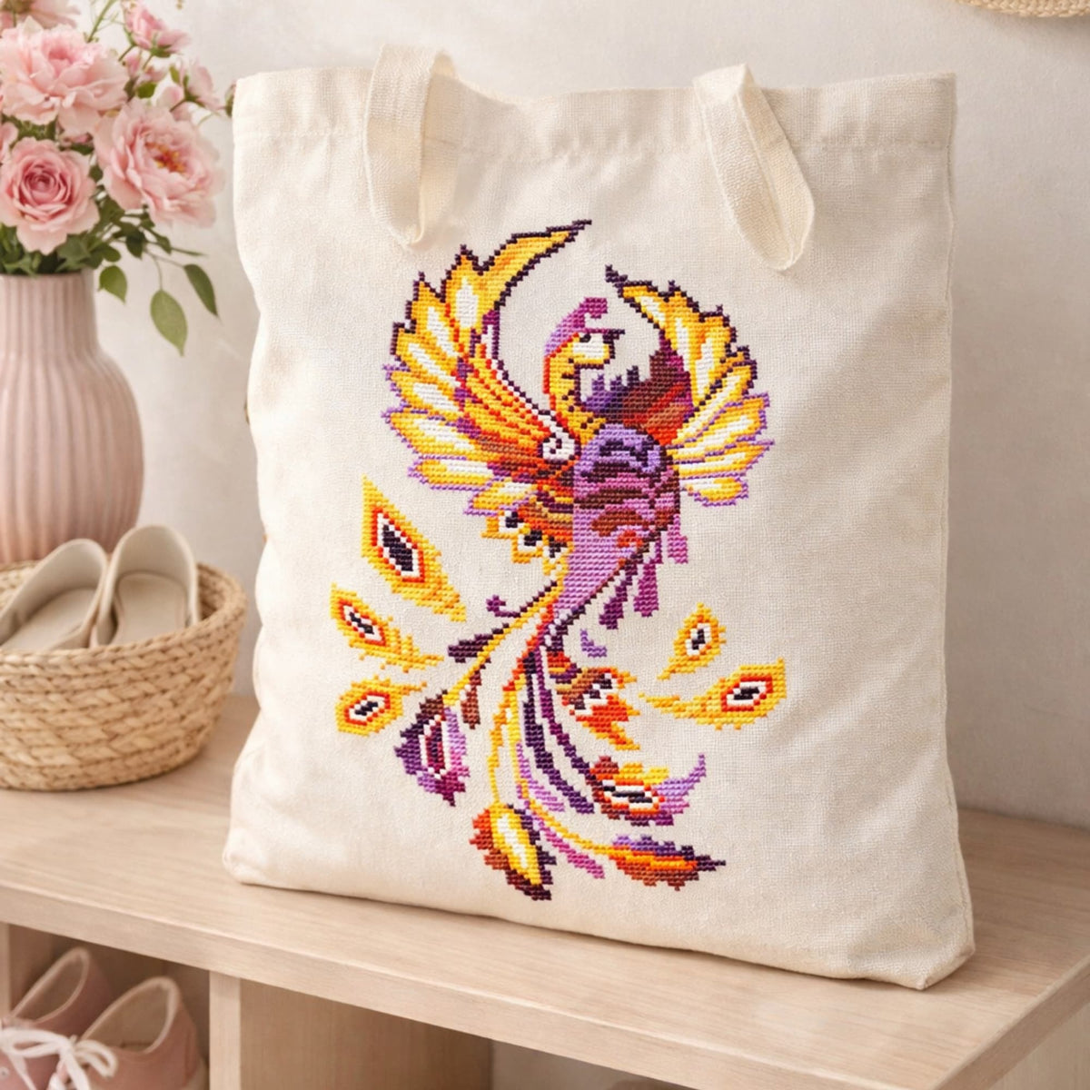 Phoenix Cross Stitch Kit – finished phoenix embroidery on canvas tote bag, colorful firebird motif, premium DIY embroidery kit for fashion and handmade gifts