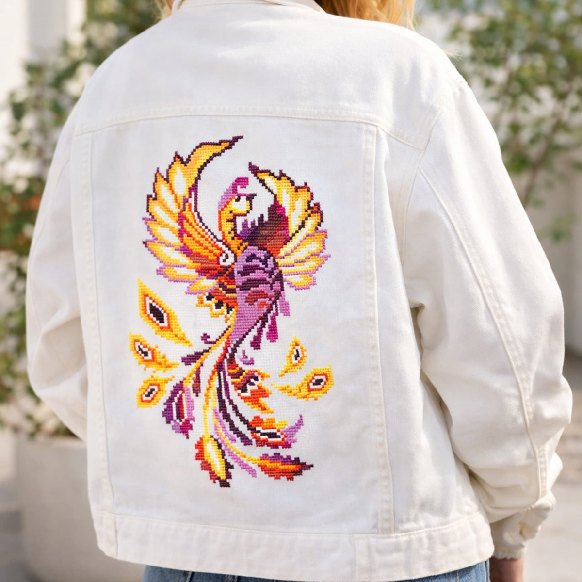 Phoenix Cross Stitch Kit – finished phoenix embroidery on white jacket back, vivid firebird motif, premium embroidery kit for wearable statement pieces