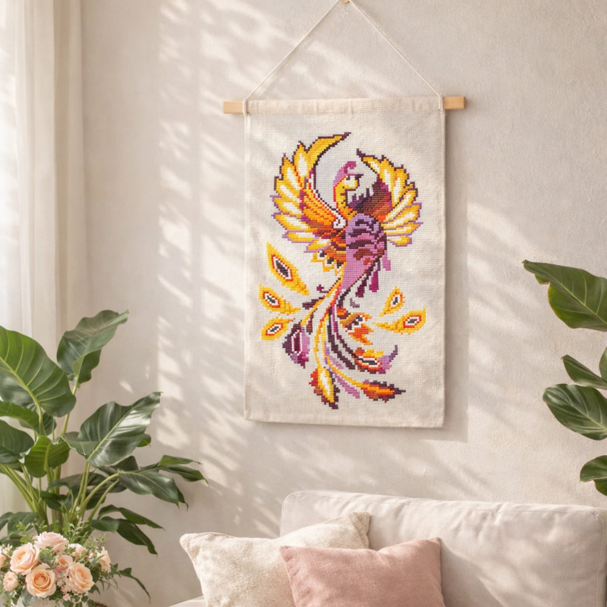 Phoenix Cross Stitch Pattern PDF – artistic firebird embroidery displayed as modern wall hanging, vibrant phoenix design for contemporary textile wall decor