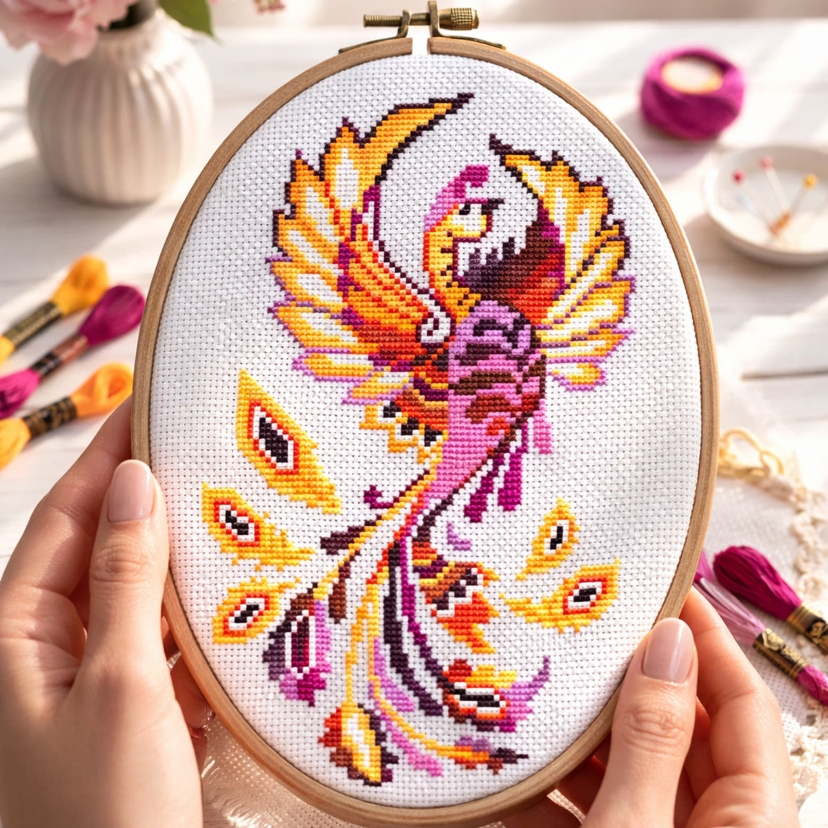 Phoenix Cross Stitch Pattern PDF – detailed firebird embroidery shown in embroidery hoop, vibrant phoenix design with flowing feathers and rich sunset palette