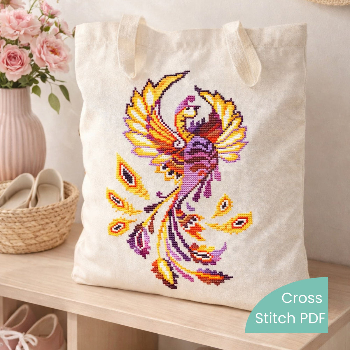 Phoenix Cross Stitch Pattern PDF – vibrant phoenix embroidery displayed on canvas tote bag, artistic firebird cross stitch chart for modern textile projects