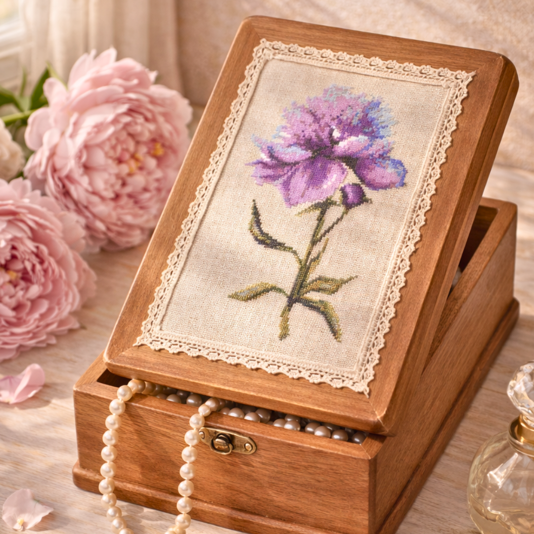 Pink peony cross stitch artwork framed on a wooden jewelry box, elegant floral embroidery with lace trim and vintage decor
