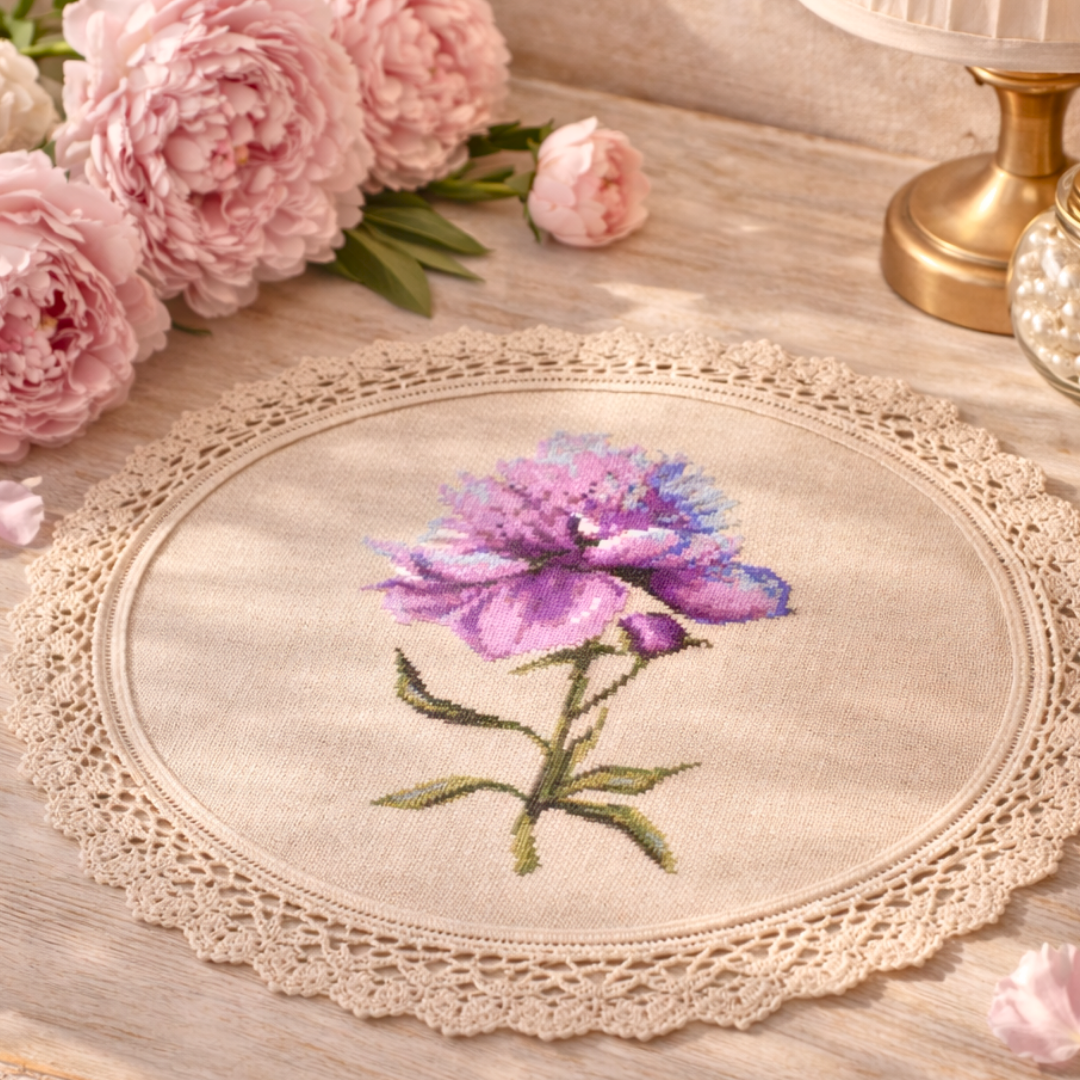 Pink peony cross stitch embroidery on round linen doily, delicate floral needlework displayed on wooden table with fresh peonies