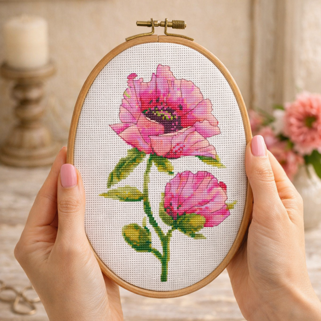 Pink poppies cross stitch pattern in wooden embroidery hoop, cozy stitching scene, floral counted cross stitch design in progress