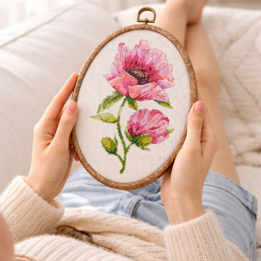 Pink poppies cross stitch pattern stitched in an oval embroidery hoop, realistic floral needlework design, modern botanical embroidery art