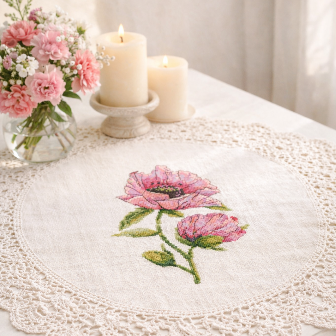 Pink poppies cross stitch pattern stitched on linen table centerpiece, floral embroidery decor with candles and soft cottage style interior
