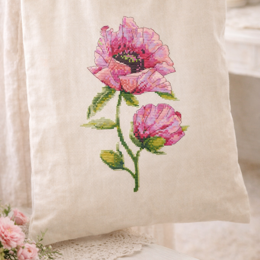 Pink poppies cross stitch pattern stitched on tote bag, floral embroidery cushion, romantic botanical home decor