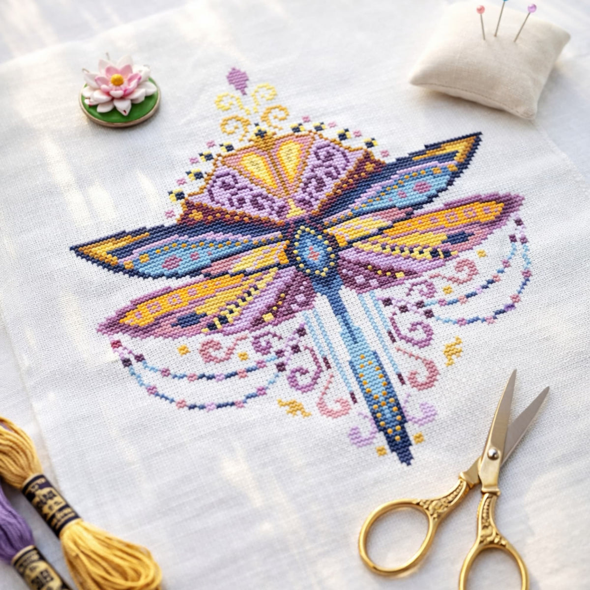 Purple Dragonfly Counted Cross Stitch Kit featuring finished dragonfly embroidery with floss and sewing accessories.