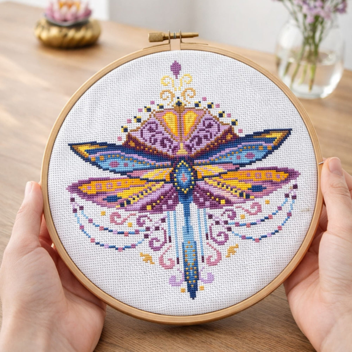 Purple Dragonfly Cross Stitch Pattern PDF digital download displayed in embroidery hoop with detailed purple dragonfly design.
