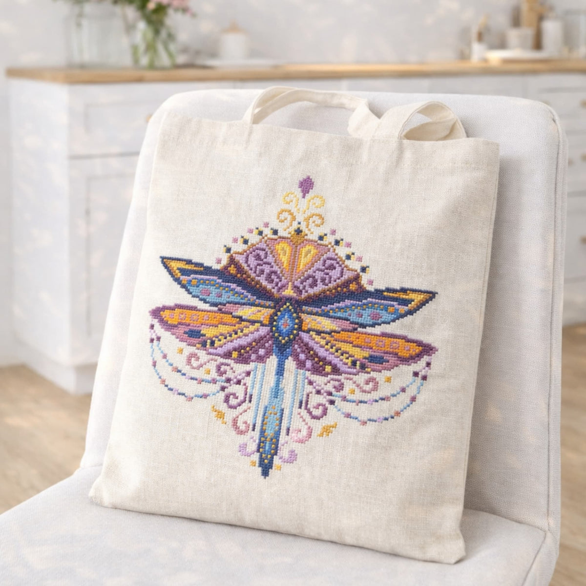 Purple Dragonfly Cross Stitch Pattern PDF digital download featuring colorful purple and gold dragonfly embroidery on cotton tote bag.