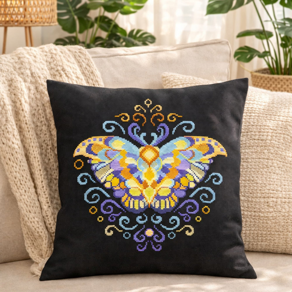 Purple Moth Cross Stitch Pattern PDF digital download displayed on black pillow with colorful butterfly embroidery design.