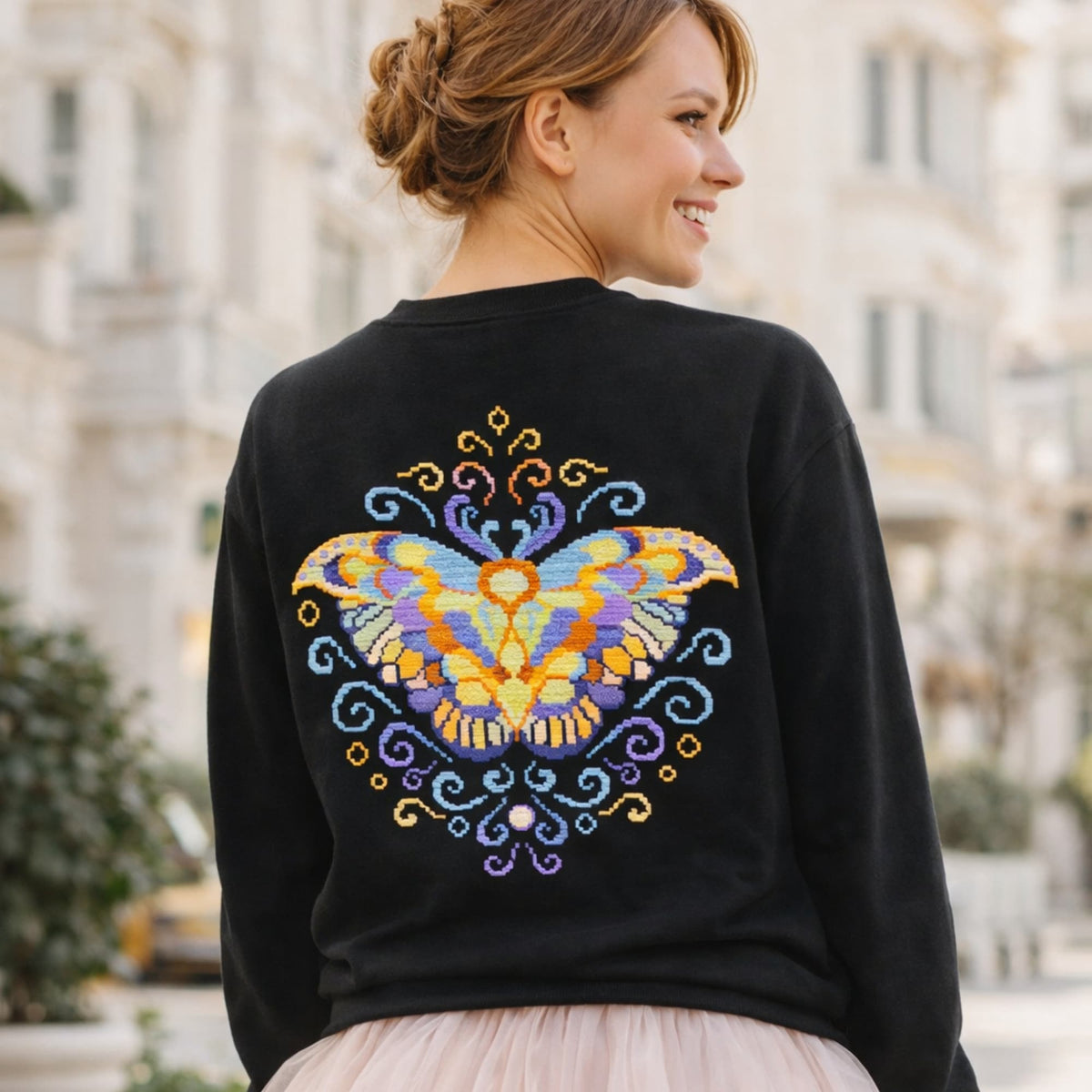 Purple Moth Cross Stitch Pattern PDF digital download featuring mystical night butterfly embroidery design on black sweatshirt.