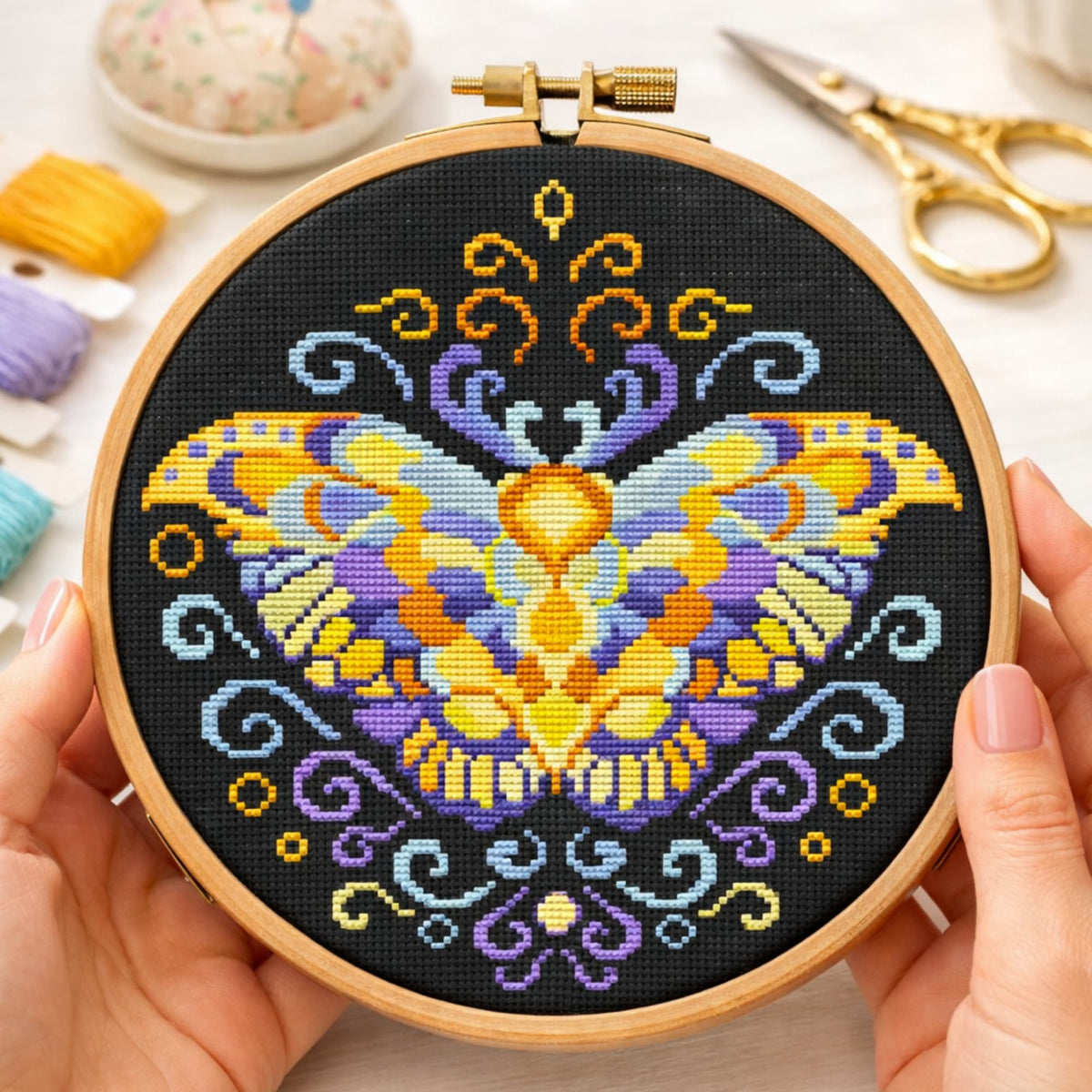 Purple Moth Cross Stitch Pattern PDF digital download shown in embroidery hoop with detailed mystical moth design.