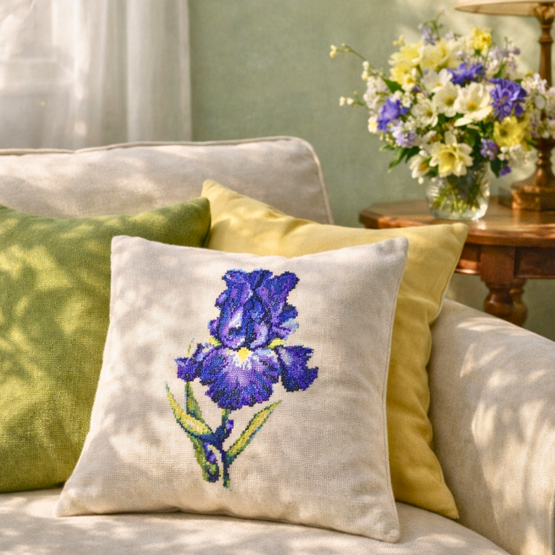 Purple blue iris cross stitch design embroidered on a decorative pillow styled in a cozy living room interior