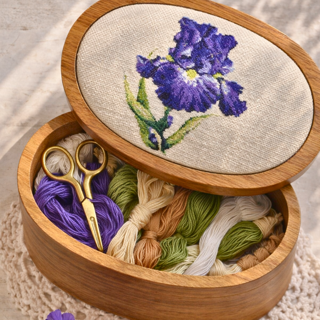 Purple blue iris cross stitch finished piece displayed on a wooden embroidery box with colorful threads and vintage scissors