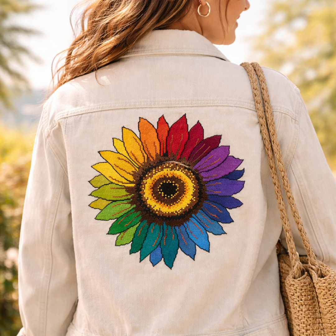Rainbow sunflower cross stitch embroidery on the back of a white denim jacket, colorful floral needlework