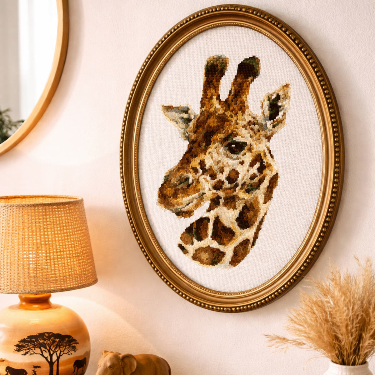 Realistic giraffe counted cross stitch kit displayed as framed wall art with detailed animal embroidery design.