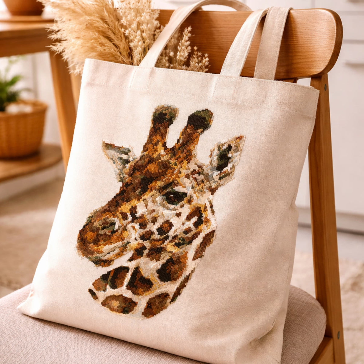 Realistic giraffe counted cross stitch kit shown on tote bag with natural wildlife embroidery design.