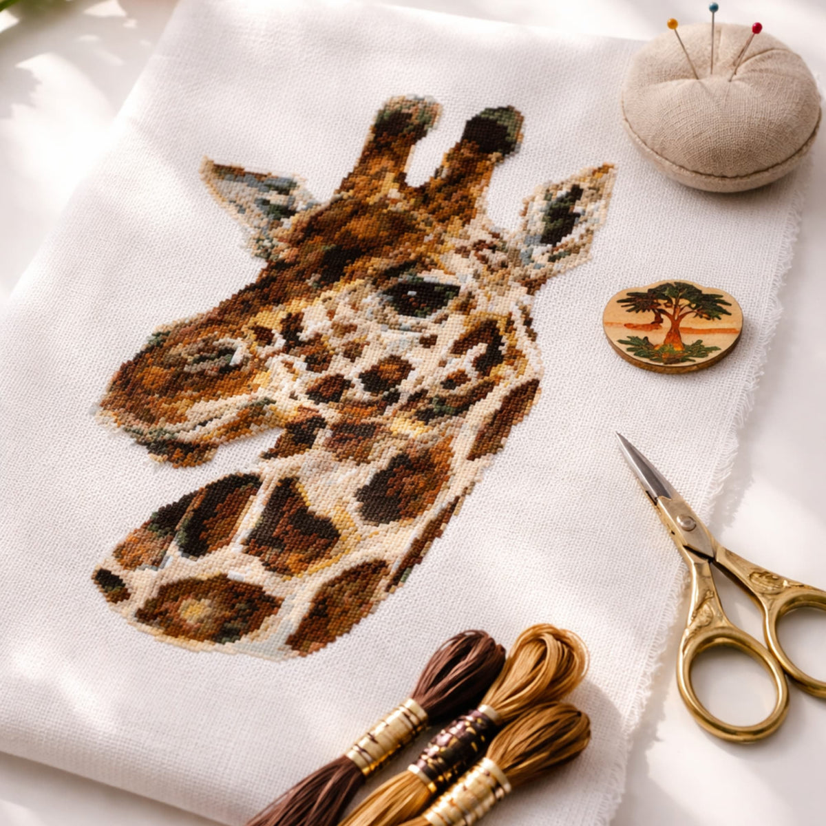 Realistic giraffe counted cross stitch kit with threads and embroidery tools showing detailed wildlife design.