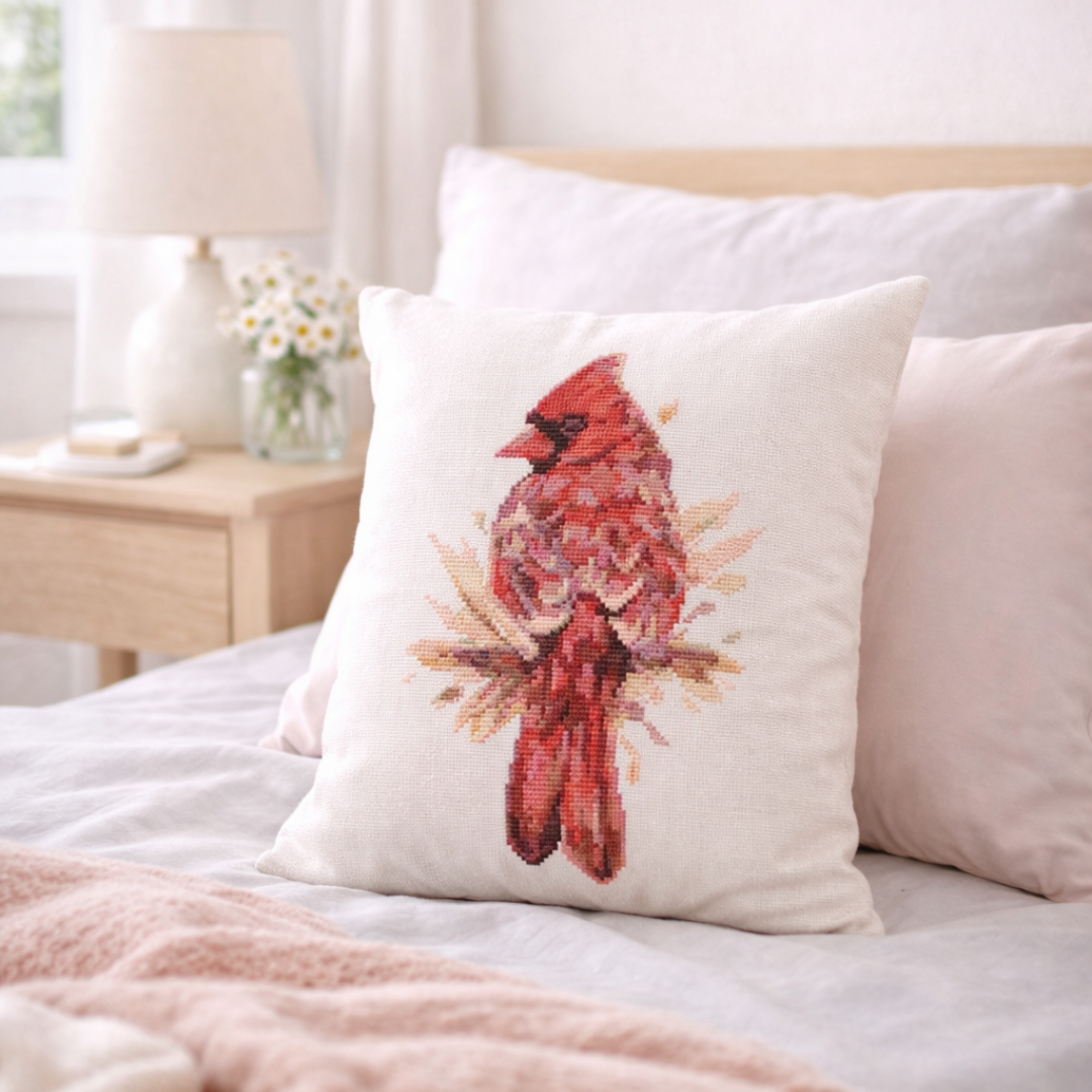 Red cardinal cross stitch pillow on bed, handmade bird embroidery home decor, cardinal bird embroidery pattern