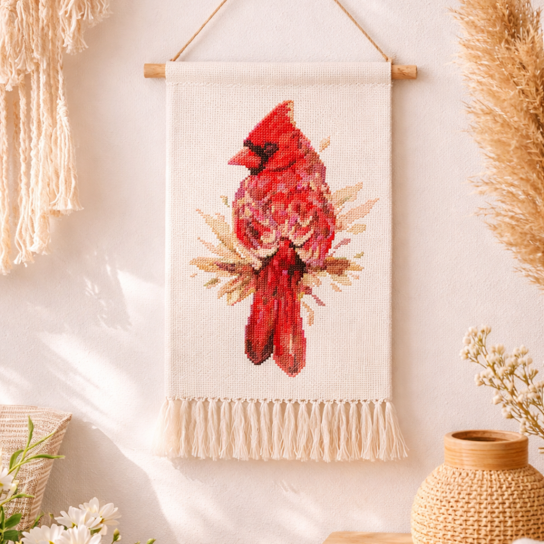 Red cardinal cross stitch wall hanging, bird embroidery textile decor, handmade cardinal embroidery art