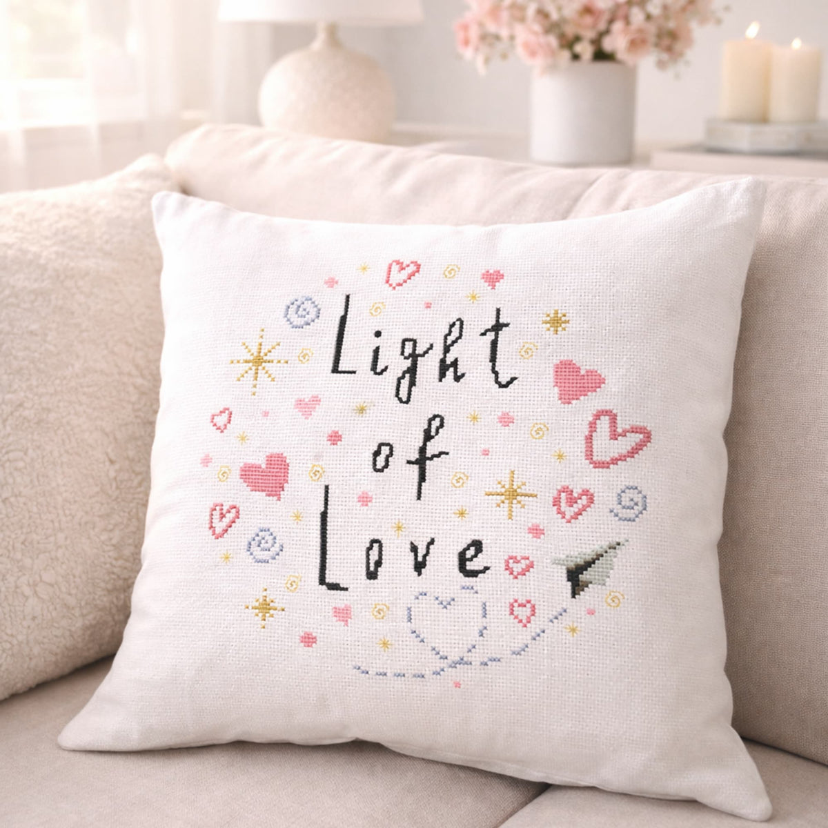 Romantic quote cross stitch pattern PDF displayed on decorative pillow with soft neutral background