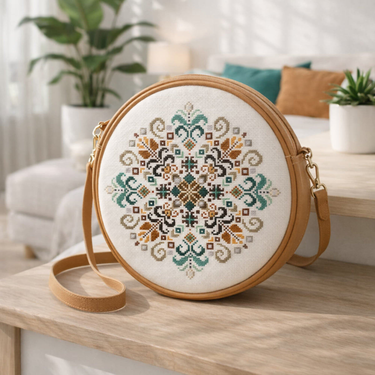 Round crossbody bag featuring geometric cross stitch embroidery, modern folk mandala design stitched on fabric panel.