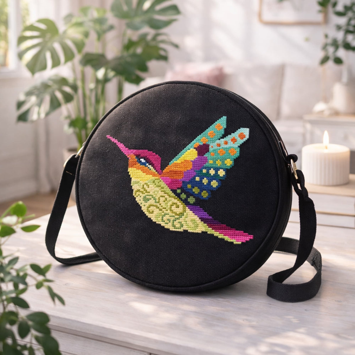 Round crossbody bag featuring hummingbird cross stitch kit design, complete embroidery set for DIY colorful bird project.