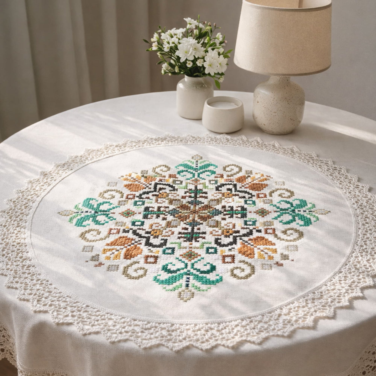 Round tablecloth with geometric cross stitch centerpiece, traditional inspired folk embroidery in green and warm neutral tones.