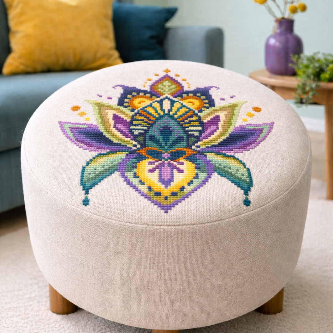 Round upholstered ottoman decorated with vibrant geometric floral cross stitch embroidery, modern home decor accent.