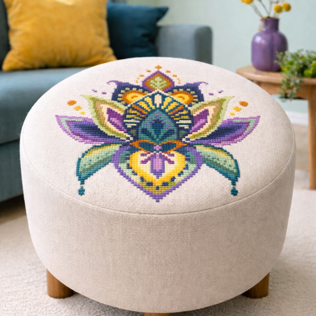 Round upholstered ottoman decorated with vibrant geometric floral cross stitch embroidery, modern home decor accent.