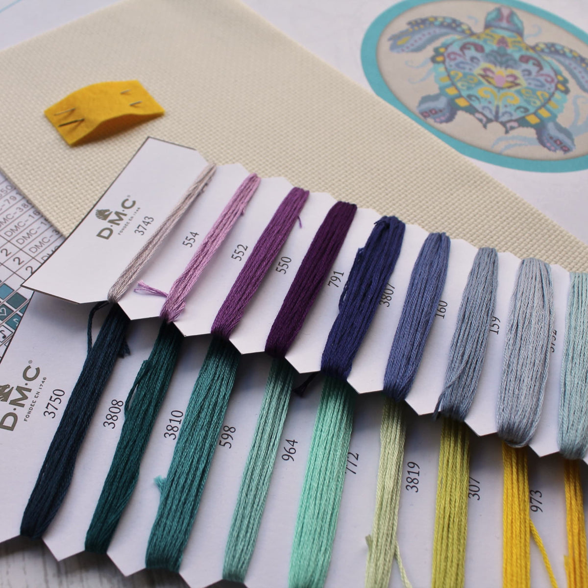 Sea turtle cross stitch kit shown the threads, fabric printed sheets, and needles