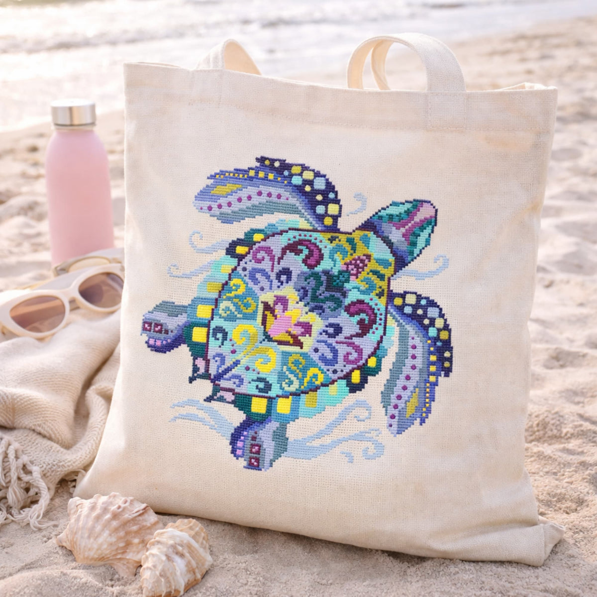 Sea turtle embroidery kit featured on beach tote bag with seaside styling