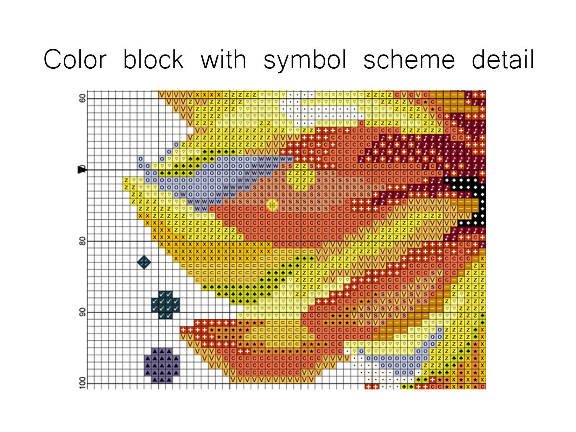 cross stitch sun flower color block with symbol scheme detail