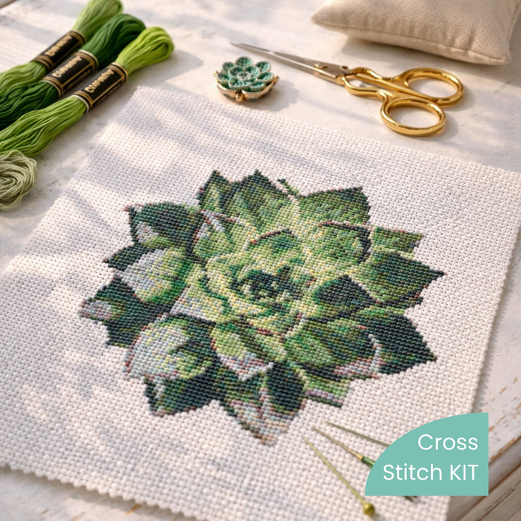 succulent embroidery kit Realistic Succulent Cross Stitch Kit – Botanical Embroidery Set, Modern Plant Needlework by Happy X Craft