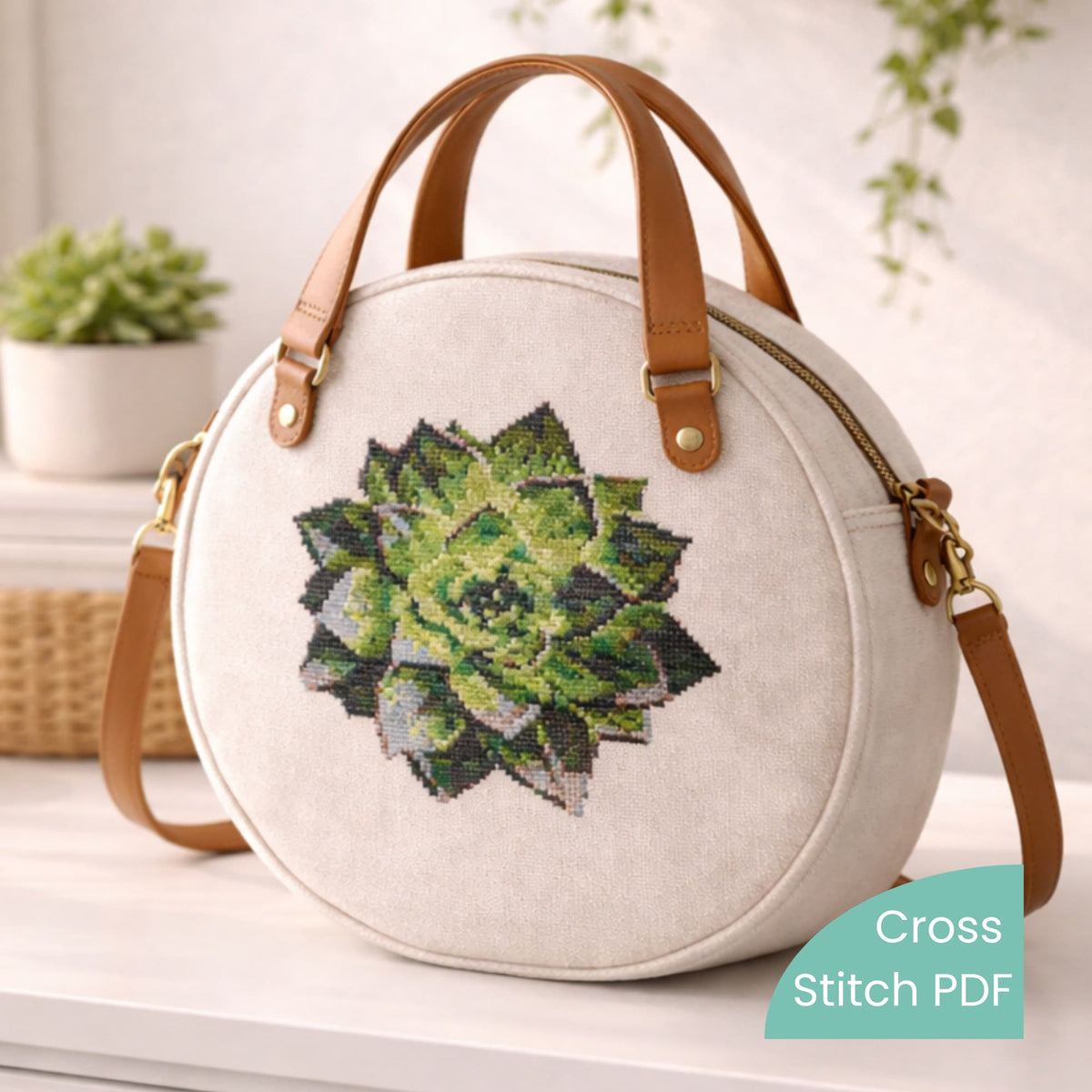 Green Succulent cross stitch pattern PDF, botanical embroidery design featuring green succulent on round handbag, nature inspired embroidery chart for modern handmade accessories