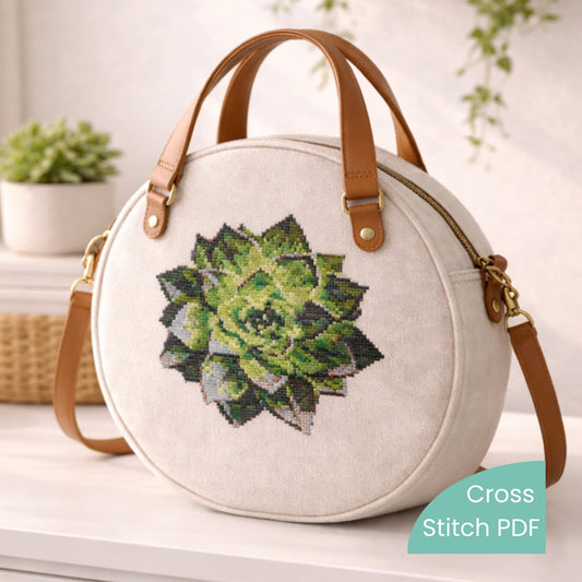 Green Succulent cross stitch pattern PDF, botanical embroidery design featuring green succulent on round handbag, nature inspired embroidery chart for modern handmade accessories