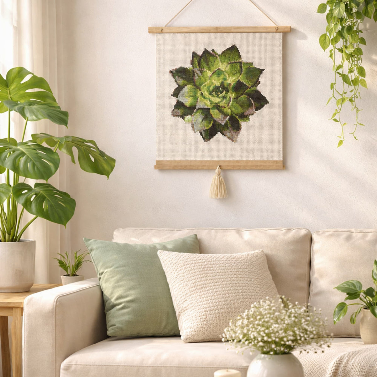 Succulent cross stitch pattern PDF, botanical embroidery design with green echeveria plant displayed as wall hanging, nature inspired modern embroidery art for home decor