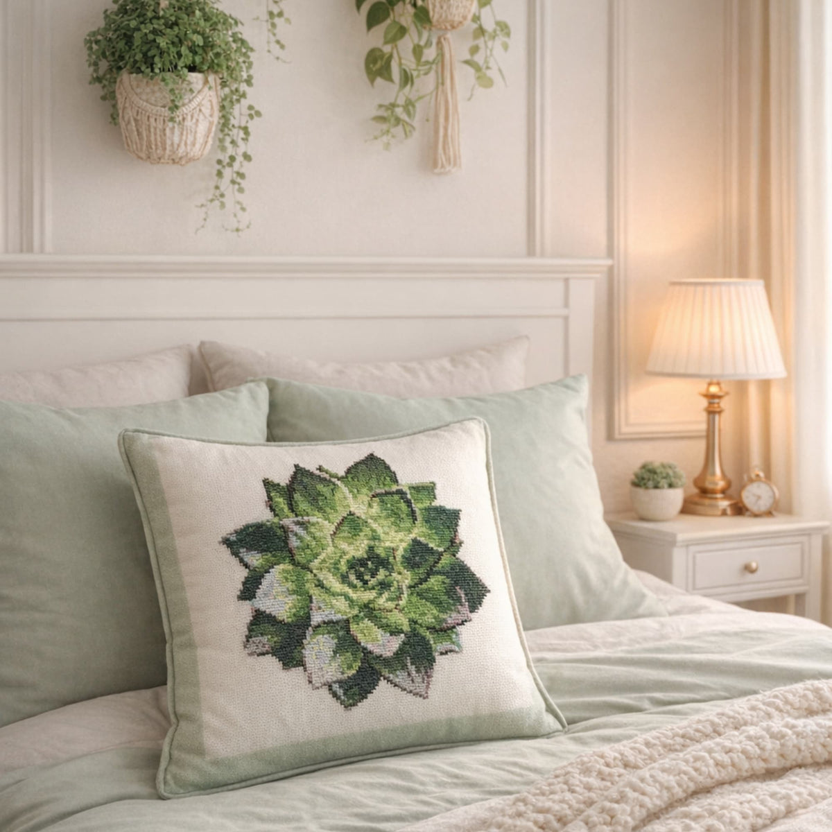 Succulent cross stitch pattern PDF, botanical embroidery design with green succulent stitched on decorative pillow, nature inspired embroidery art for cozy home decor