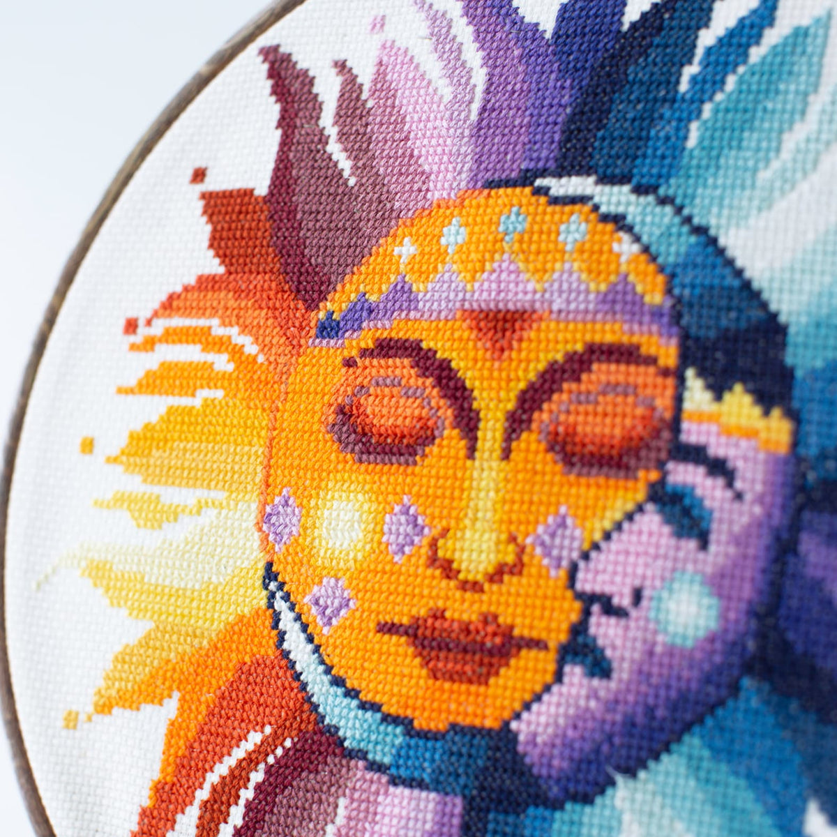 close up Cross stitch art Sun and Moon symbolic embroidery PDF