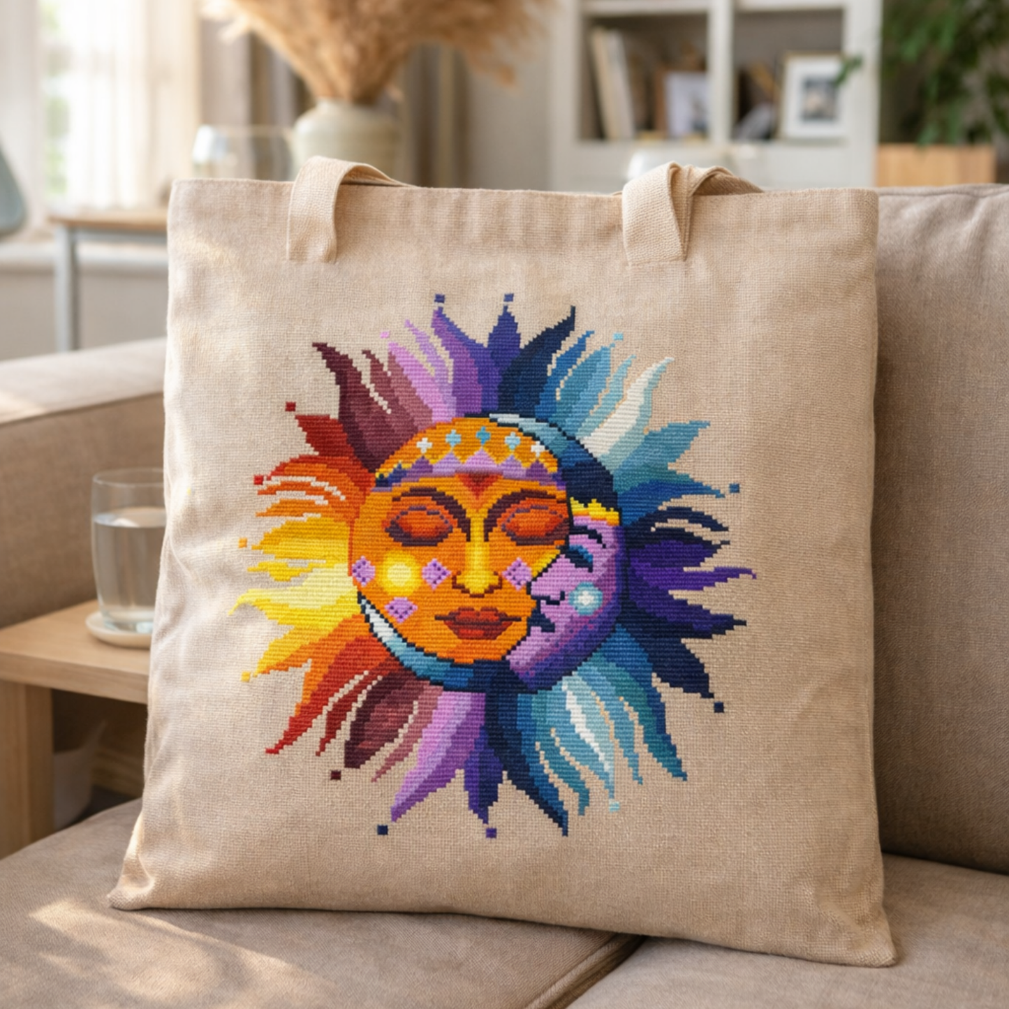 Sun and Moon cross stitch design stitched on natural linen tote bag, colorful celestial embroidery with sun and moon face, handmade folk inspired textile accessory