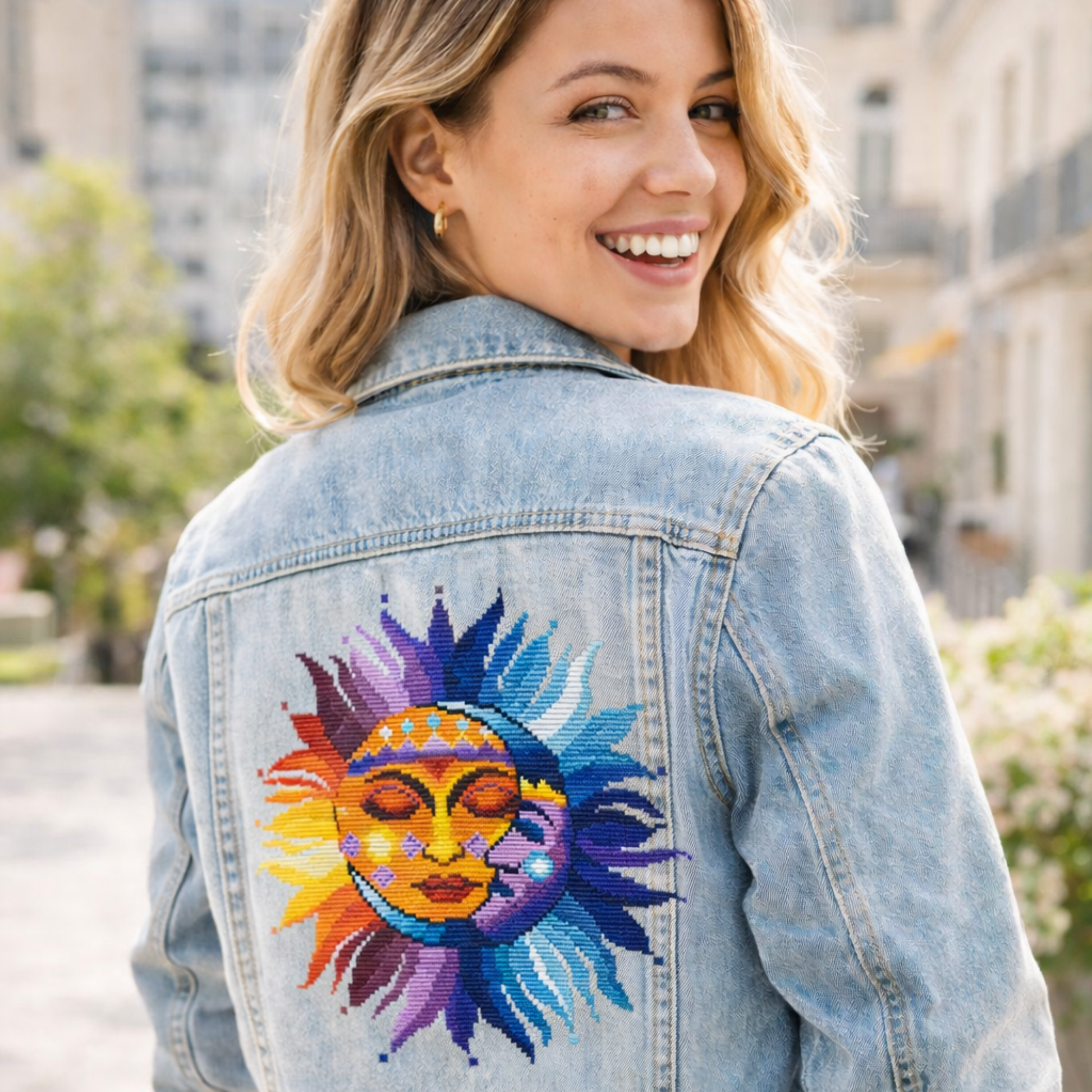 Sun and Moon cross stitch embroidery on denim jacket back, vibrant celestial sun and moon face design, modern wearable folk embroidery