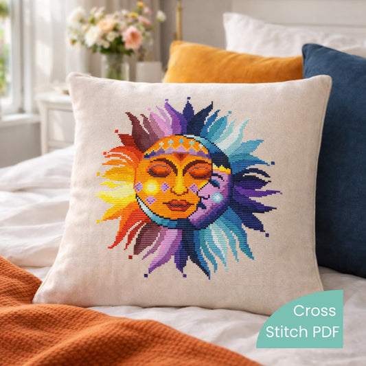 Sun and Moon cross stitch pattern stitched on decorative linen pillow, colorful celestial embroidery, handmade folk style home decor