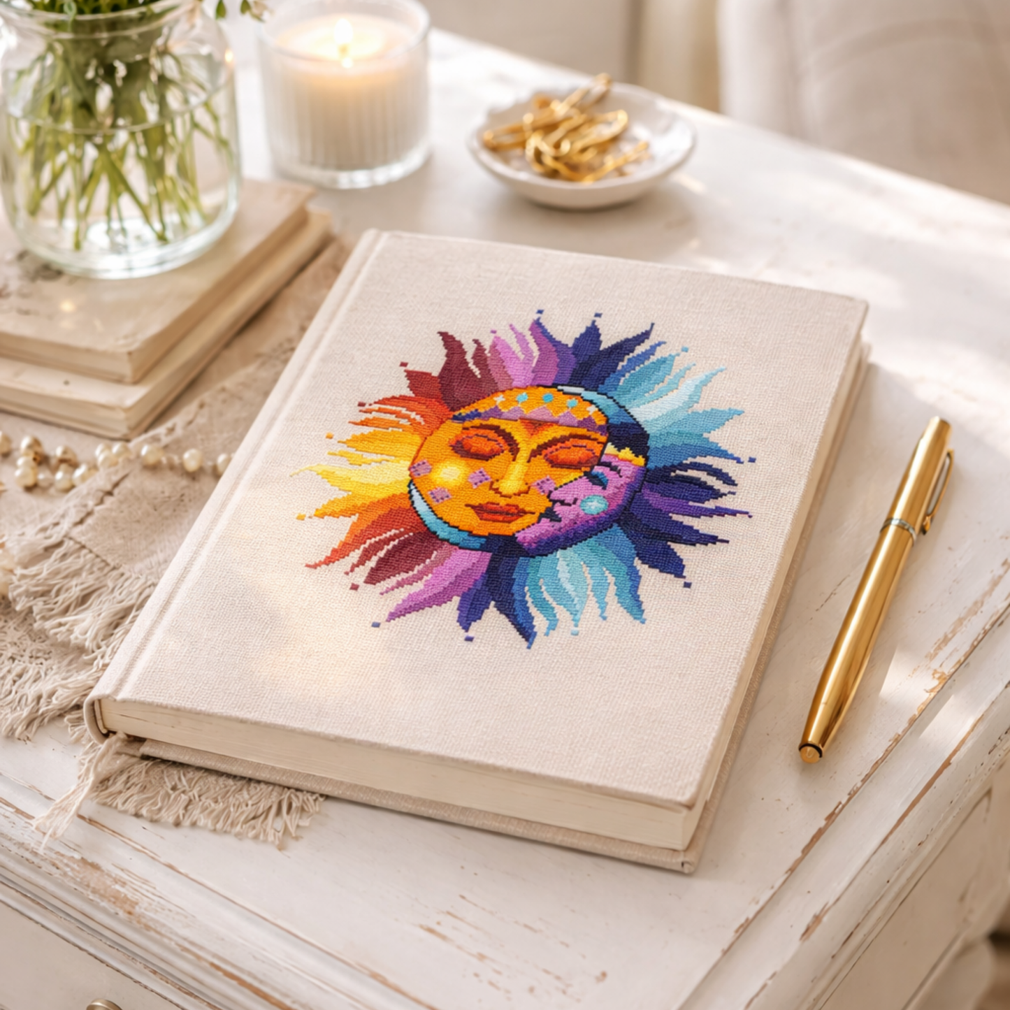 Sun and Moon cross stitch pattern stitched on fabric book cover, colorful celestial embroidery with sun and moon face, artistic handmade journal decor