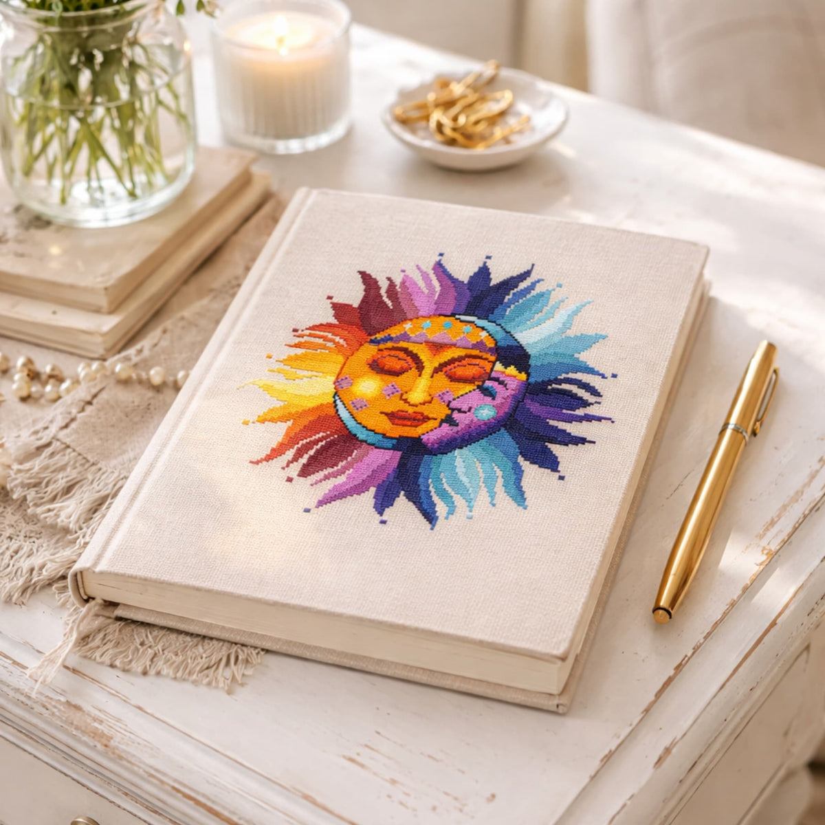 Sun and moon cross stitch kit embroidery design stitched on fabric book cover, vibrant celestial sun moon DIY cross stitch kit