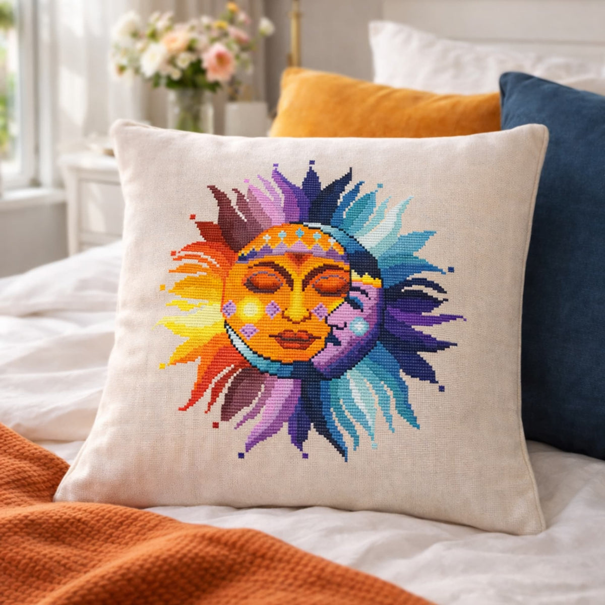 Sun and moon cross stitch kit finished embroidery displayed on decorative linen pillow, colorful celestial sun moon DIY embroidery kit