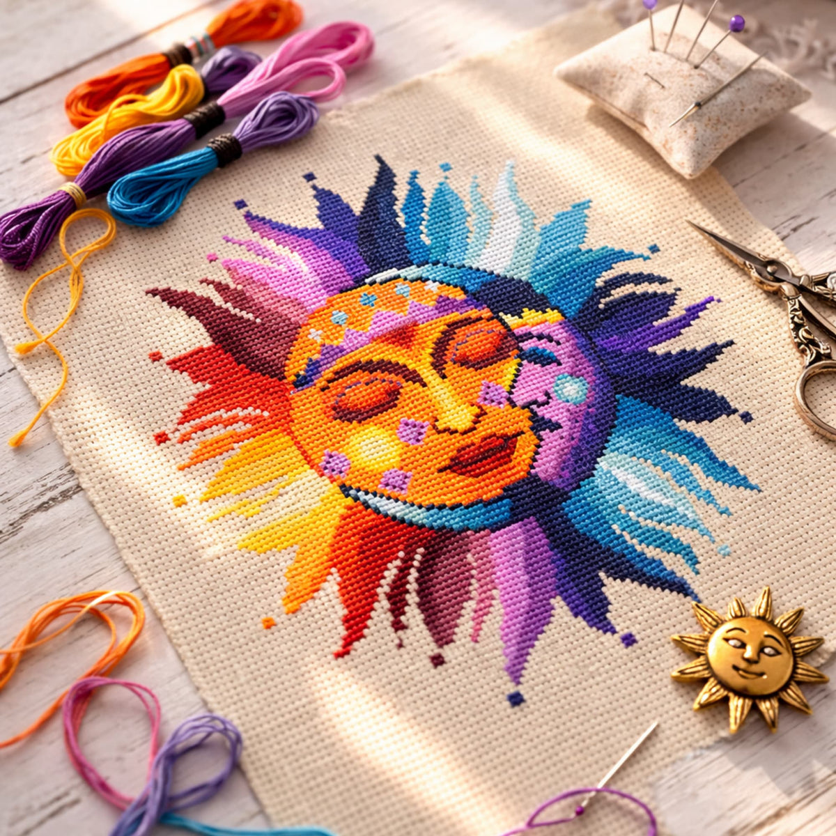Sun and moon cross stitch kit work in progress with embroidery floss, scissors and Aida fabric showing colorful celestial sun moon design
