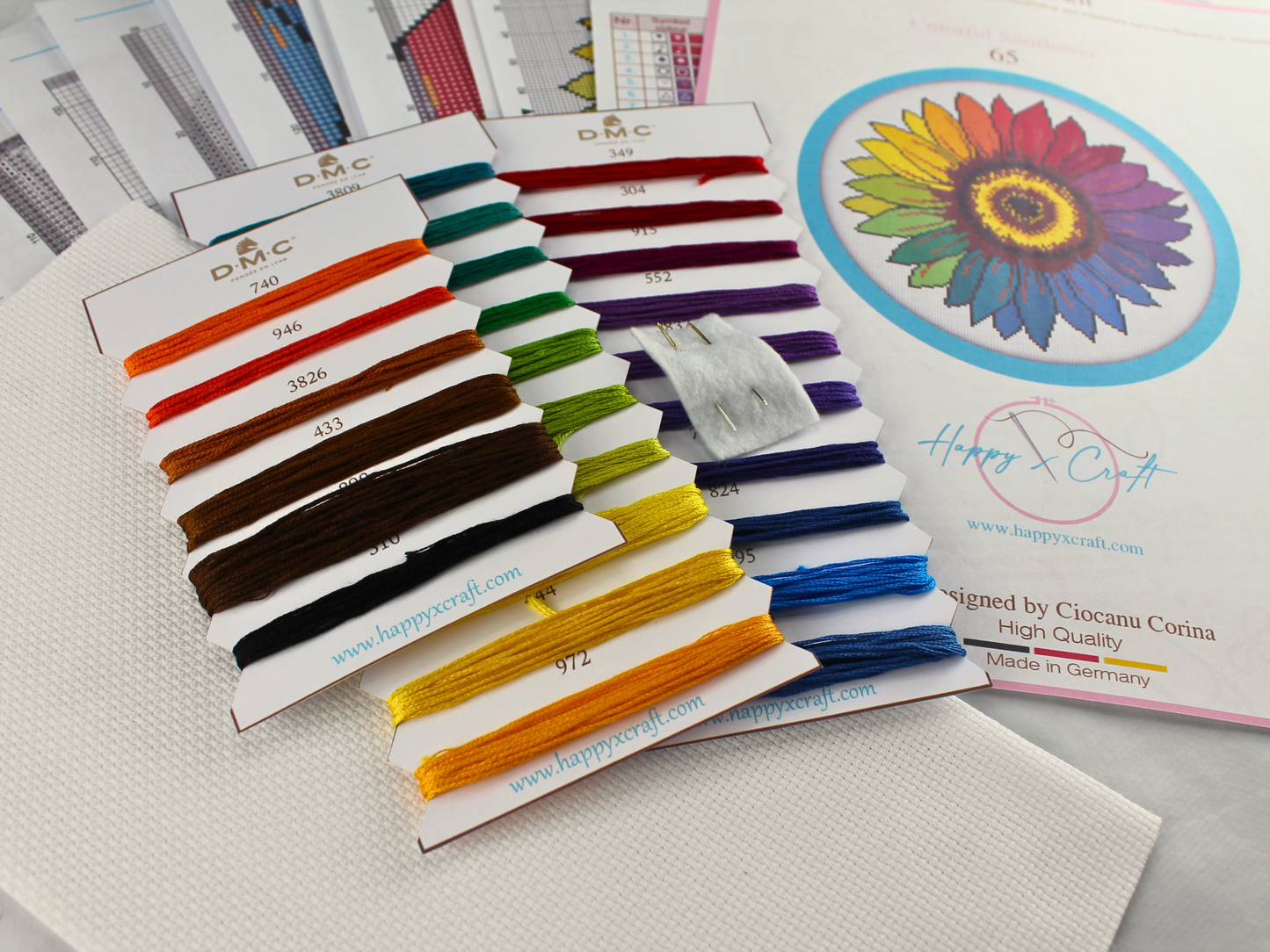 Sunflower embroidery kit with DMC floss and printed cross stitch chart